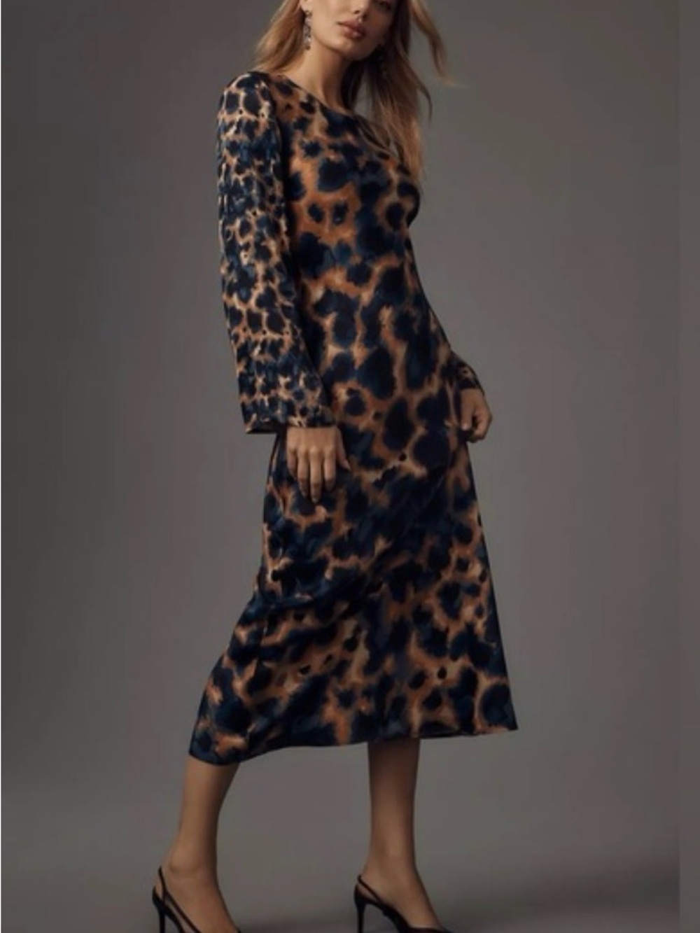 Leopard Print Long Sleeve Midi Dress in Brown and Black